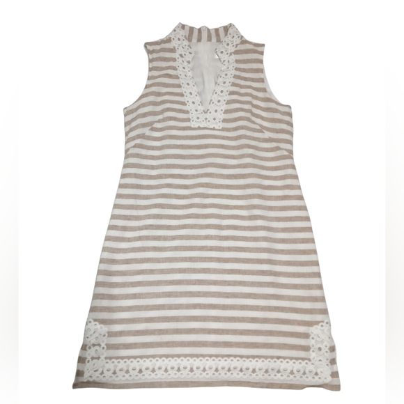 Eliza J Womens Striped Linen V Neck Lace Trim Circle Detail Summer Dress Size 8 - Picture 9 of 10